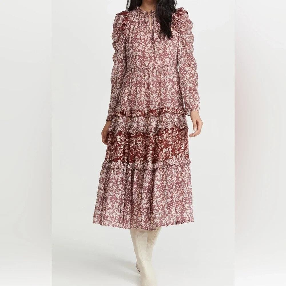 EN SAISON Metallic Floral Tiered Midi Dress Size Small Boho Summer Prairie
